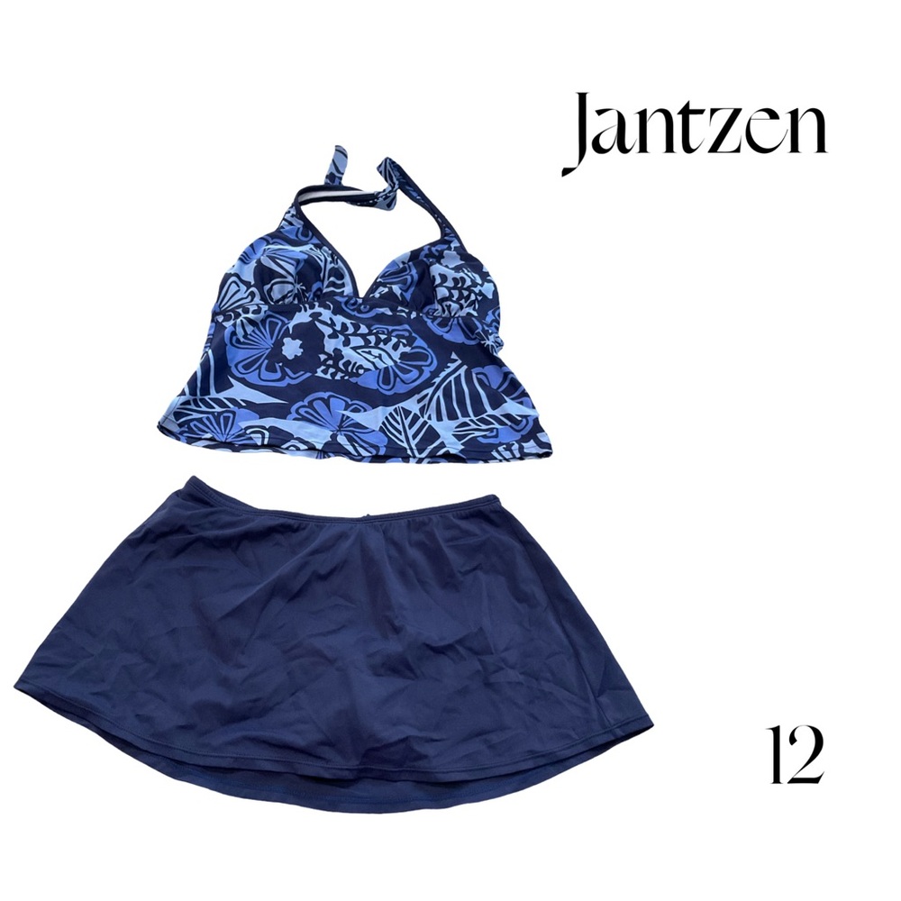 Jantzen Floral Halter Tankini skort set navy blue size 12 GUC